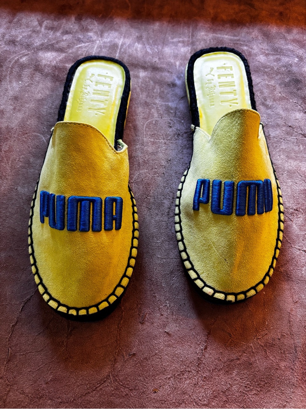 Puma Yellow Suede Slip-On Mules with Blue Logo